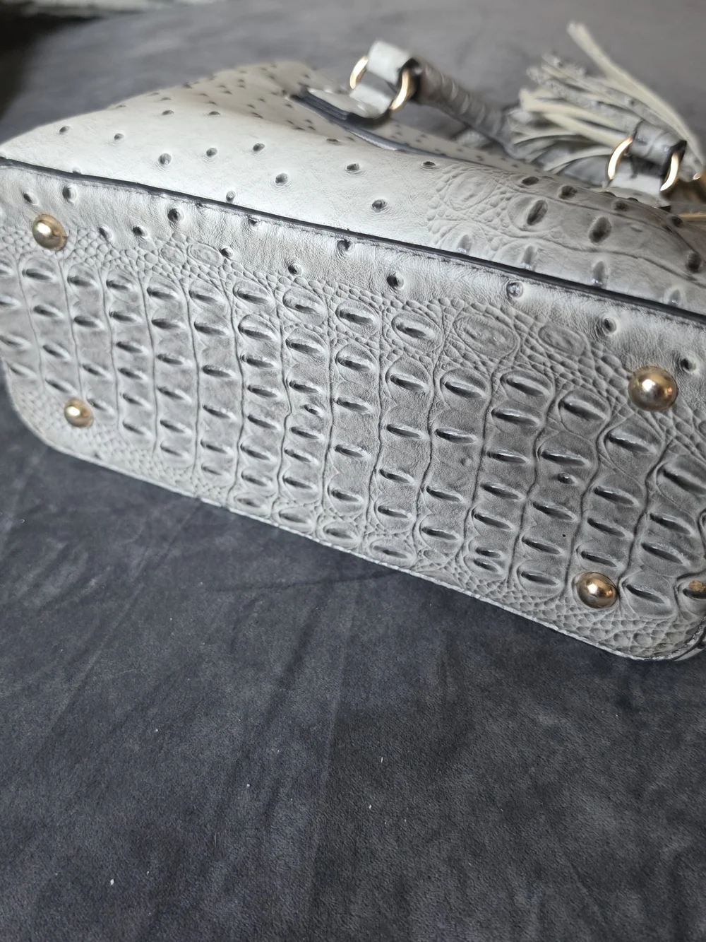 White Ostrich-Texture Tote Bag with Tassel Accents